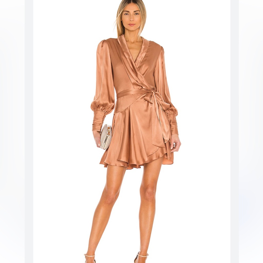 NWT Mac Duggal Faux Wrap Surplice V-Neck Long Cuff Sleeve Tie Waist Mini Dress